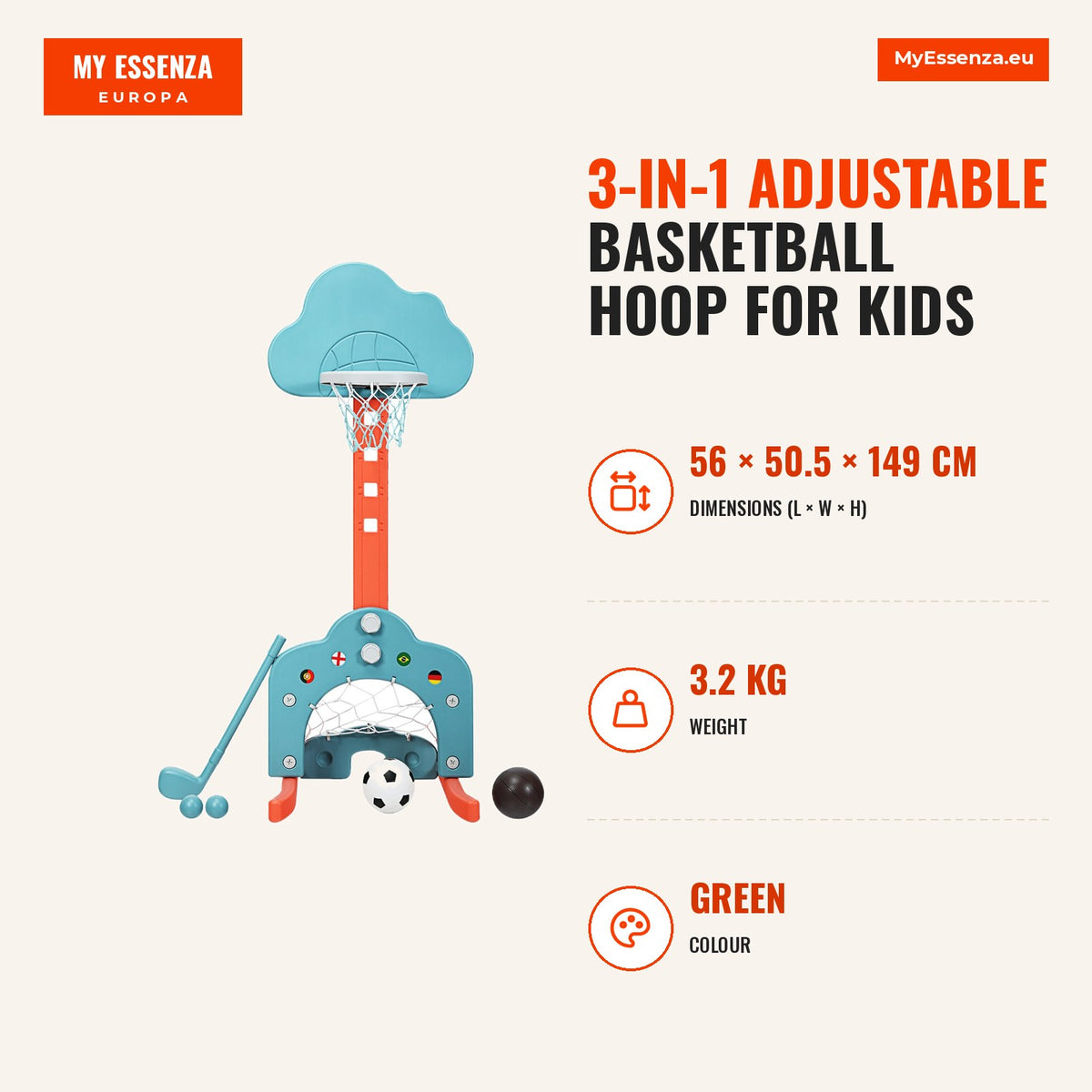 Cesto de Basquetebol 3 em 1 Regulável em Altura para Crianças 56 x 50,5 x 149 cm Verde — Infografia | Infographic — dimensions