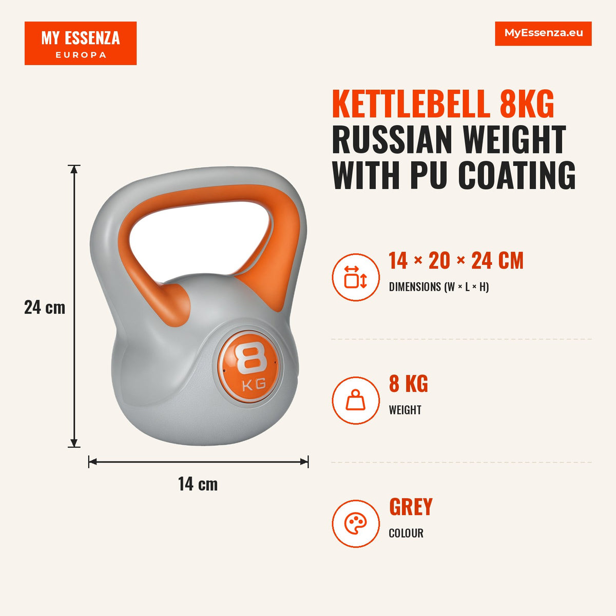 Kettlebell 8kg Peso Russo com Revestimento de PU e Enchimento de Areia para Treinamento em Casa Ginásio 20x14x24cm Laranja e Cinza — Infografia | Infographic — dimensions