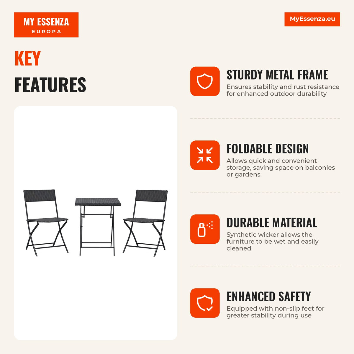 Conjunto de 3 Peças de Rattan Conjunto de 2 Cadeiras e Mesa para Pátio Varanda Jardim Dobrável Desenho Trançado Elegante Mesa de 60x60x72 cm Cor Marro — Infografia | Infographic — dimensions