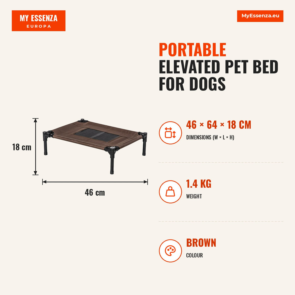 Cama para Animais de Estimação Cama Elevada para Cães Gatos Portátil Tecido Transpirável para Exterior Interior 64x46x18cm Marrom — Infografia | Infographic — dimensions