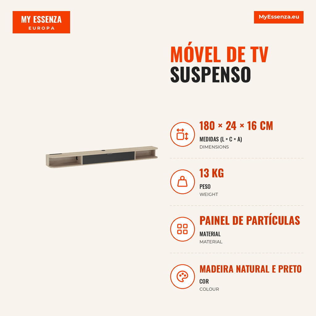 Móvel de TV Suspenso Móvel de TV para TV até 75 Polegadas (190,5 cm) Gaveta Rebatível 2 Prateleiras 180x24x16 cm Madeira Natural — infografia 1