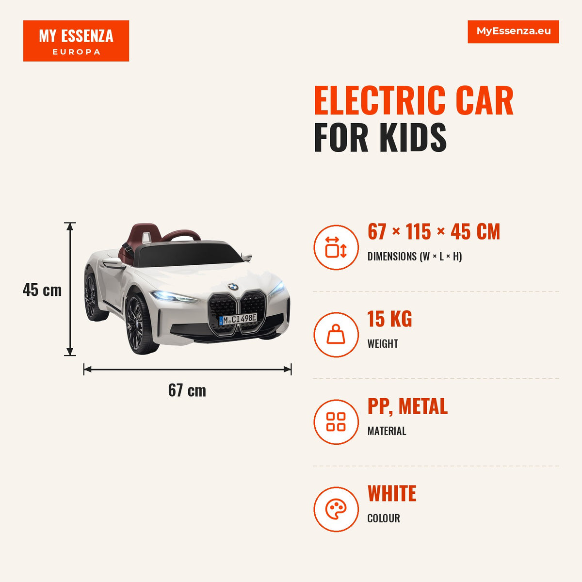 Carro Elétrico para Crianças 37-72 Meses com Licença BMW i4 Carro a Bateria 12V com Controlo Remoto Música MP3 Ecrã Luzes e Cinto de Segurança 115x67x — Infografia | Infographic — dimensions
