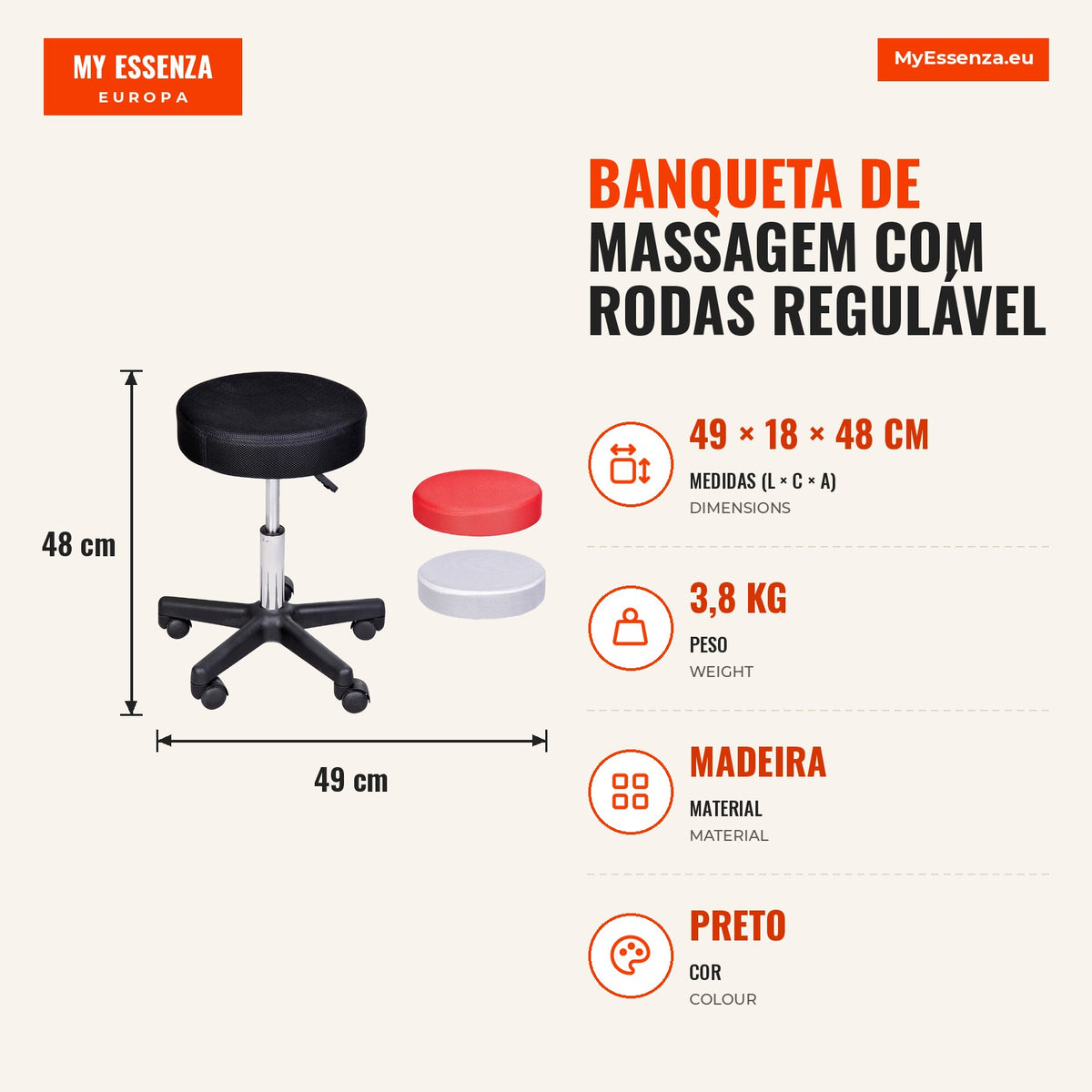 Banqueta de massagem com rodas regulável em altura, giratória, com três cores de capa protetora — infografia 1