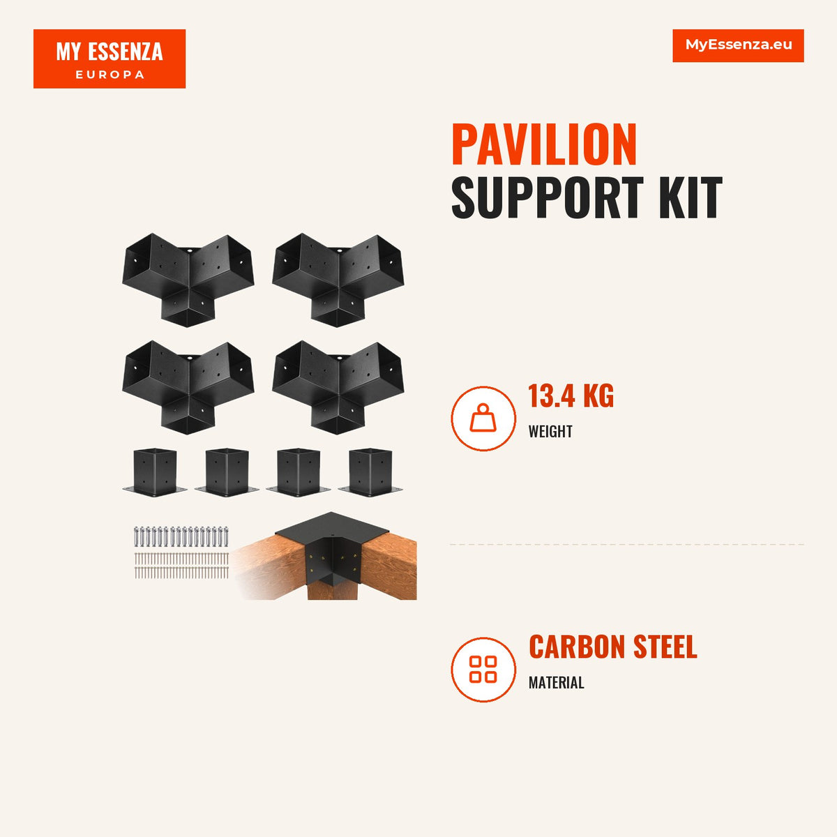 Kit de suportes para pérgola 10 x 10 cm, aço carbono, 8 peças, fácil instalação — Infografia | Infographic — dimensions