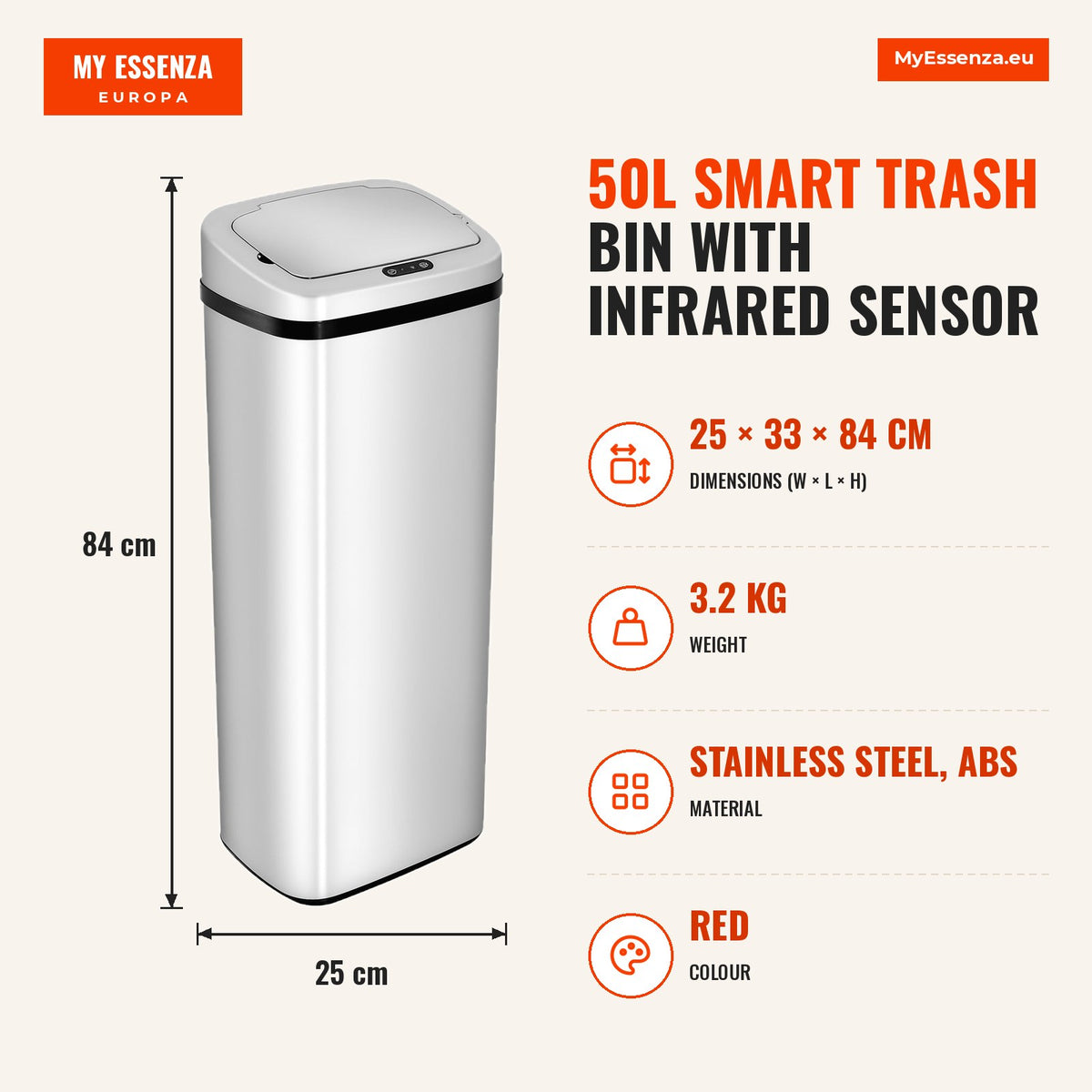 Balde de Lixo Inteligente 50L com Sensor Infravermelho Botão Tátil Balde de Lixo com Abertura Automática Quadrado 33x25x84 cm Prata — Infografia | Infographic — dimensions