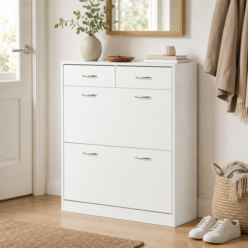 Sapateira Móvel para Sapatos Estreito com 2 Compartimentos e 2 Gavetas para 12 Pares de Sapatos para Sala de Estar Entrada Corredor 80x30x91,5 cm Branco — Ambiente | Lifestyle