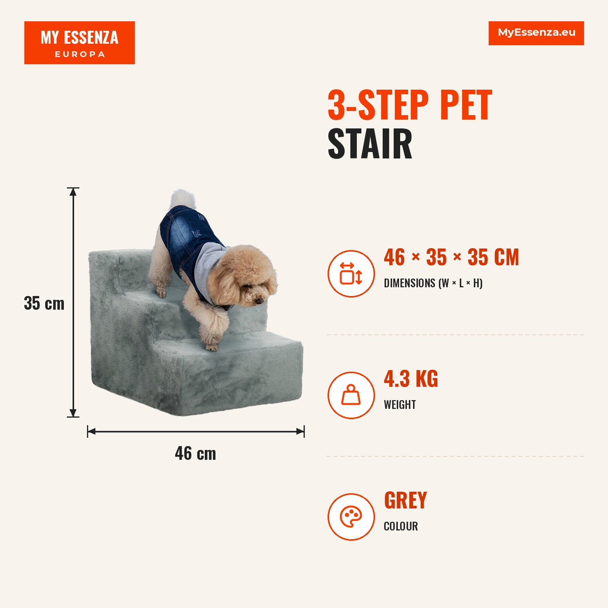 Escada para Animais de Estimação com 3 Degraus 2 em 1 com Capa Removível e Lavável Escada para Cães Gatos 35x46x35 cm Cinza — Infografia | Infographic — dimensions