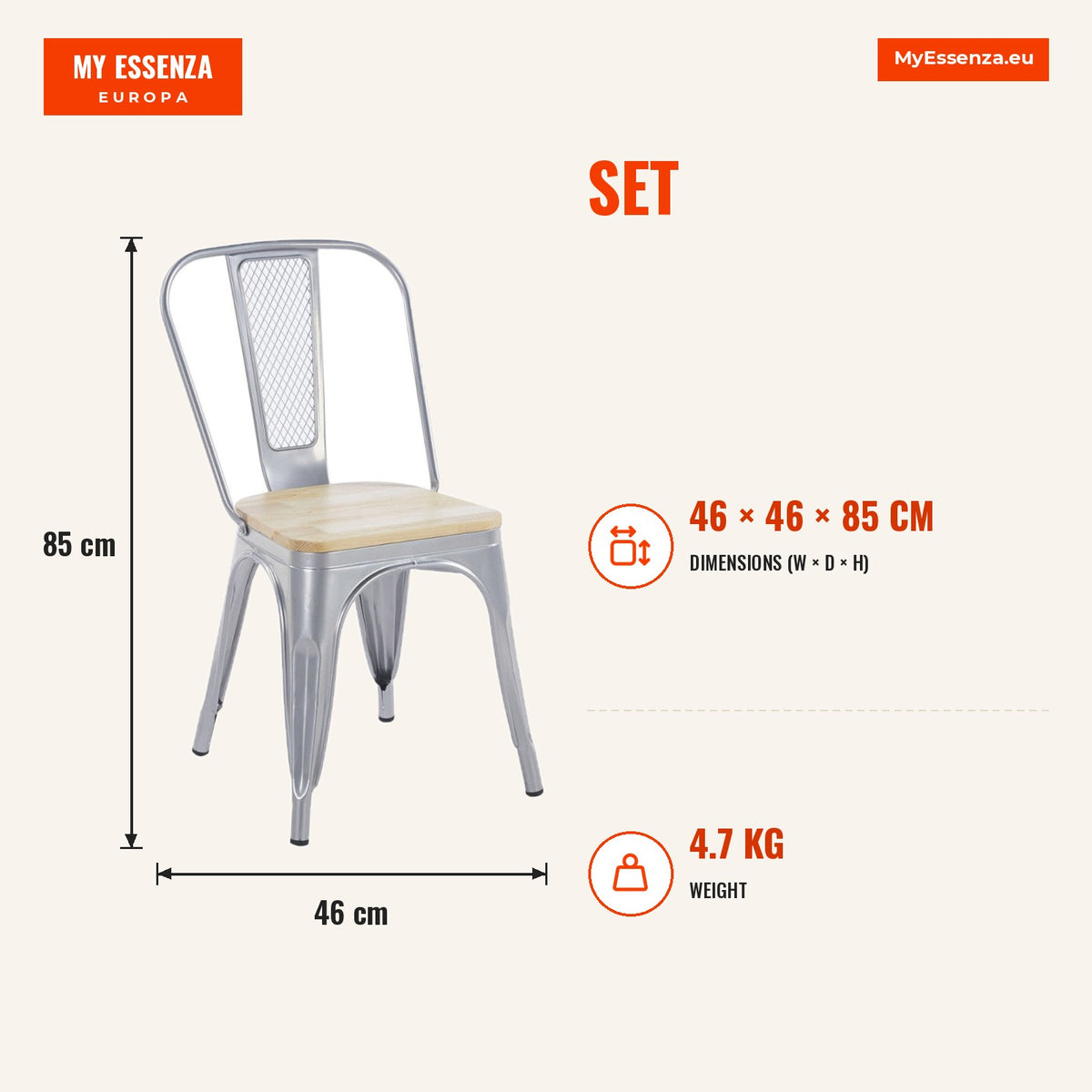 Pack 4 Cadeiras Lixva Madeira Natural — Cinza metalizado — Infografia | Infographic — dimensions