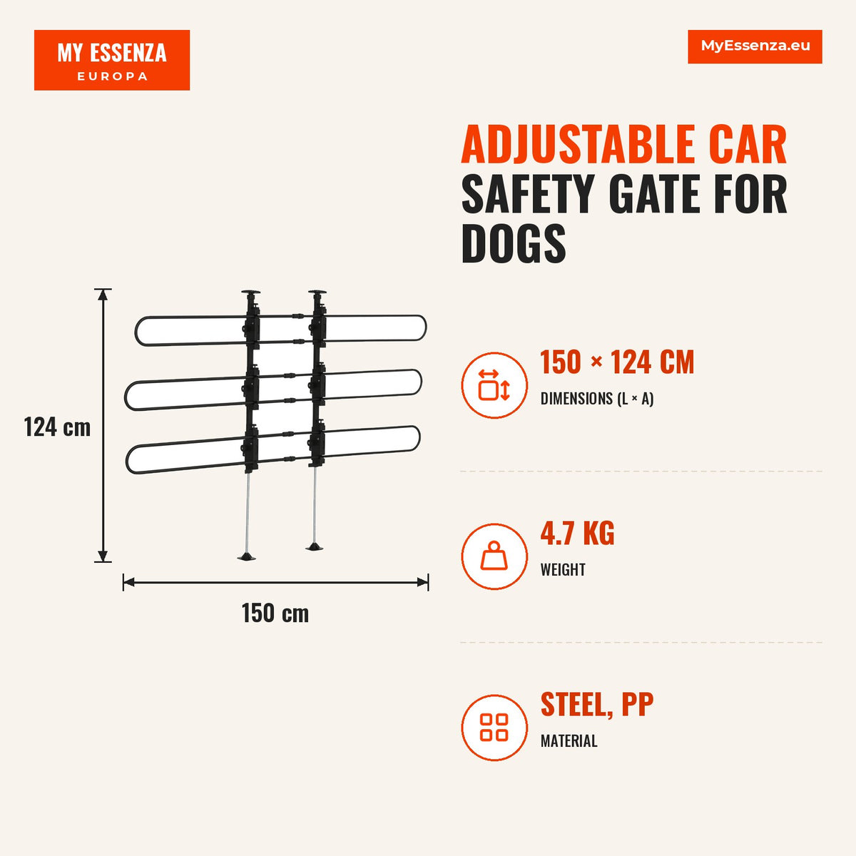 Grade de Segurança Carro para Cães Ajustável 150x9x76-124 cm Grade de Segurança Universal para Porta Malas para Carros Grade de Segurança de Aço Preto — Infografia | Infographic — dimensions