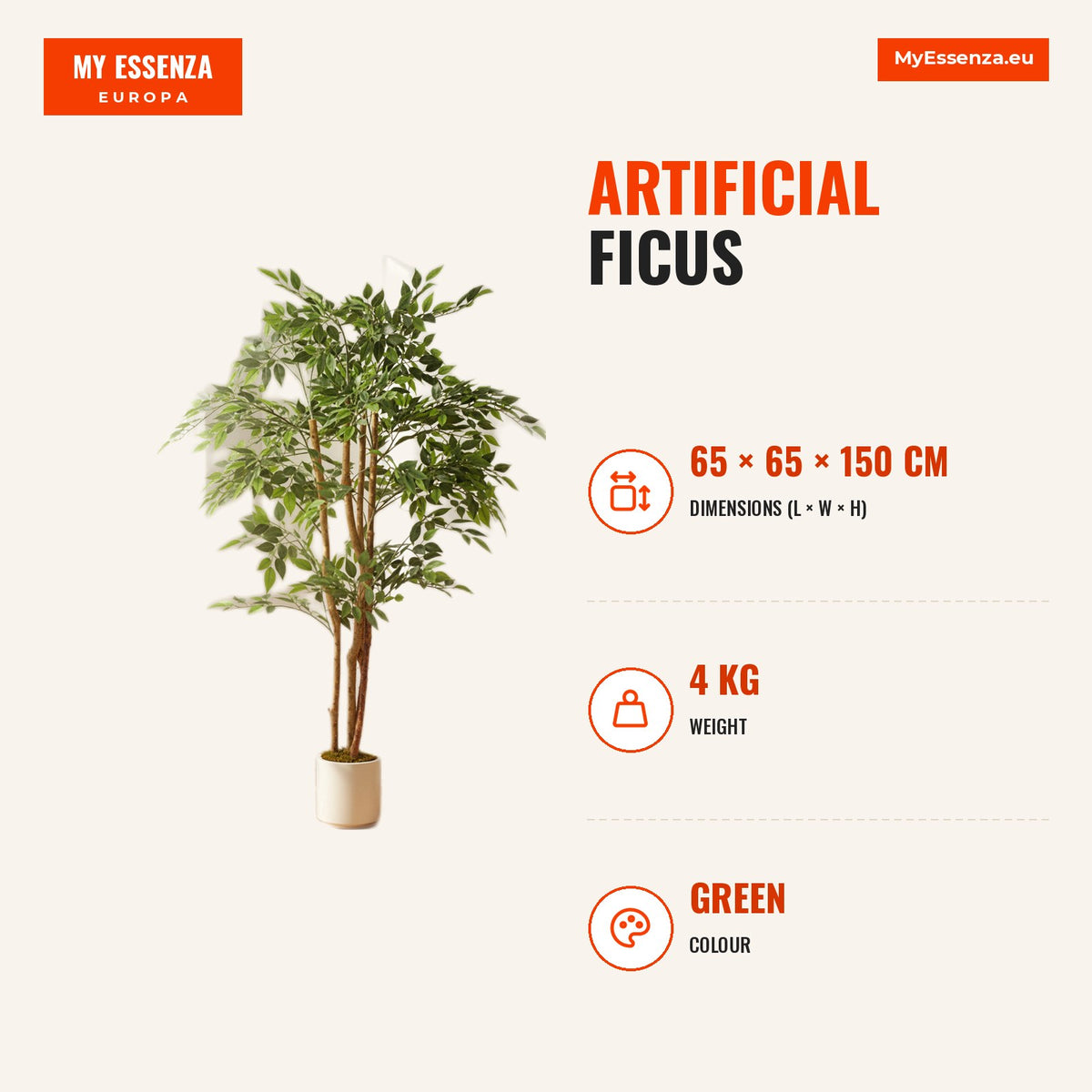 Ficus Artificial 150 cm com Tronco Natural Planta Artificial Realista para Interior com Vaso Decoração para Casa Sala, Escritório 65x65x150 cm Verde — Infografia | Infographic — dimensions