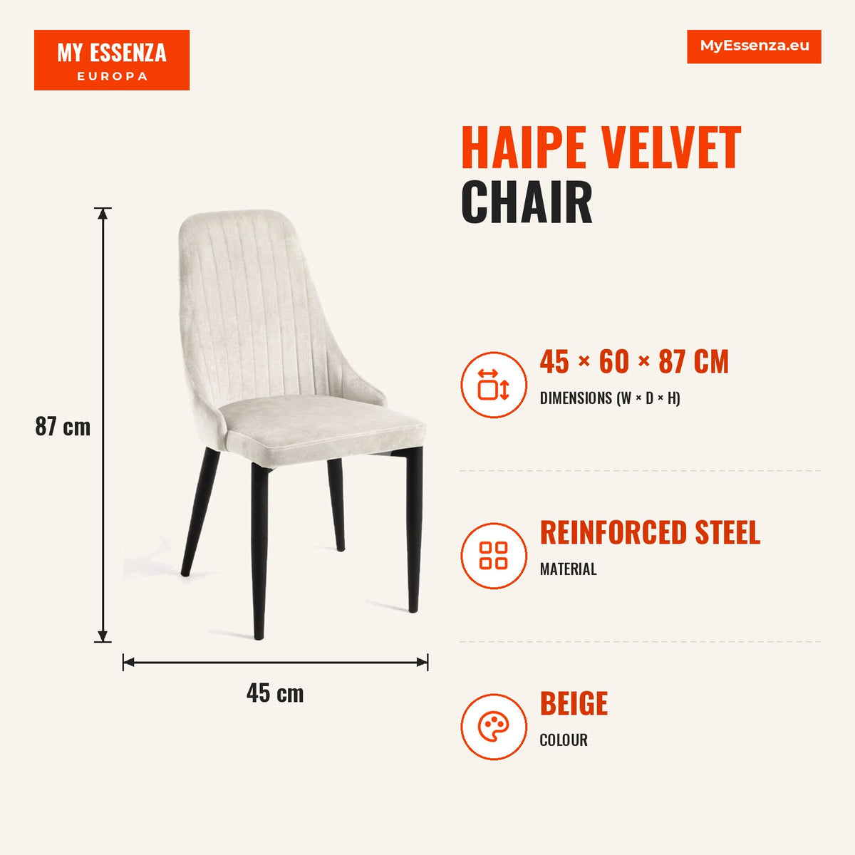 Cadeira Haipe Veludo — Beige — Infografia | Infographic — dimensions