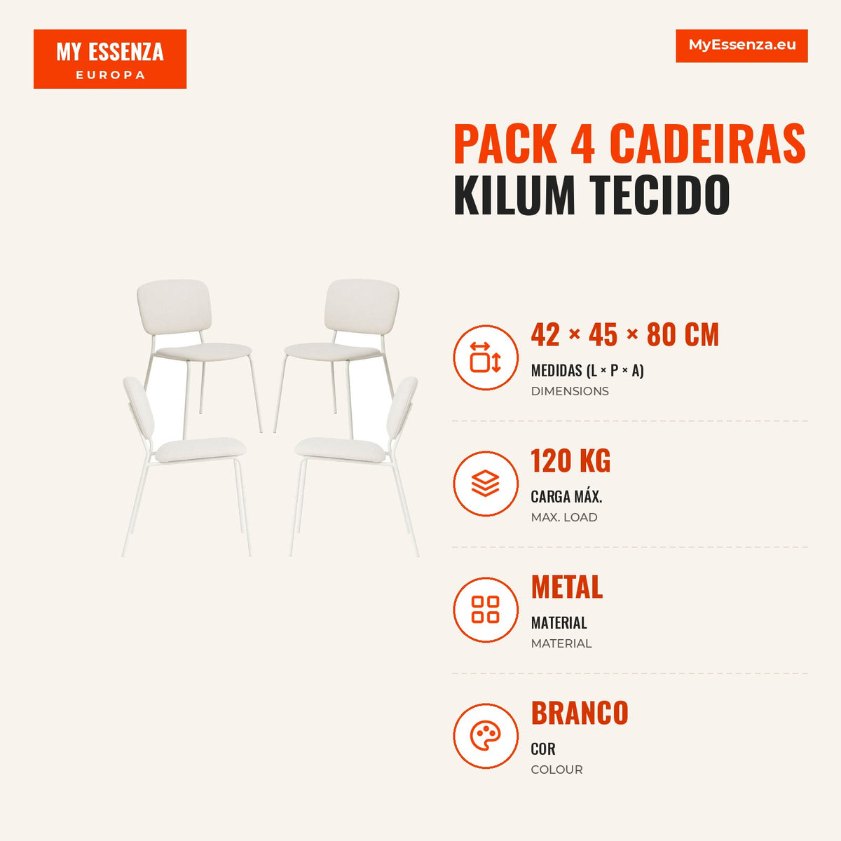 Pack 4 Cadeiras Kilum Tecido — Branco — Infografia — medidas