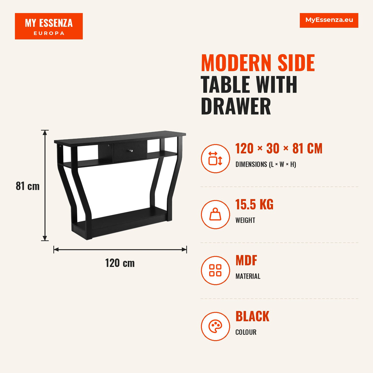 Mesa auxiliar com gaveta e 3 prateleiras moderna para entrada, sala, quarto ou escritório 120 x 30 x 81 cm – Preto — Infografia | Infographic — dimensions