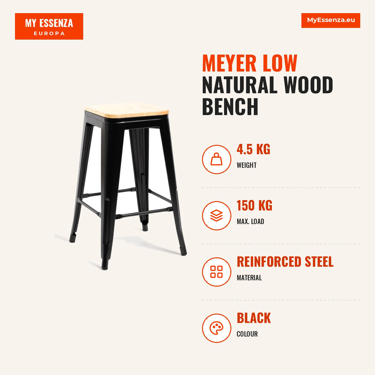 Banco Meyer Baixo Madeira Natural 67 cm — Preto — Infografia | Infographic — dimensions