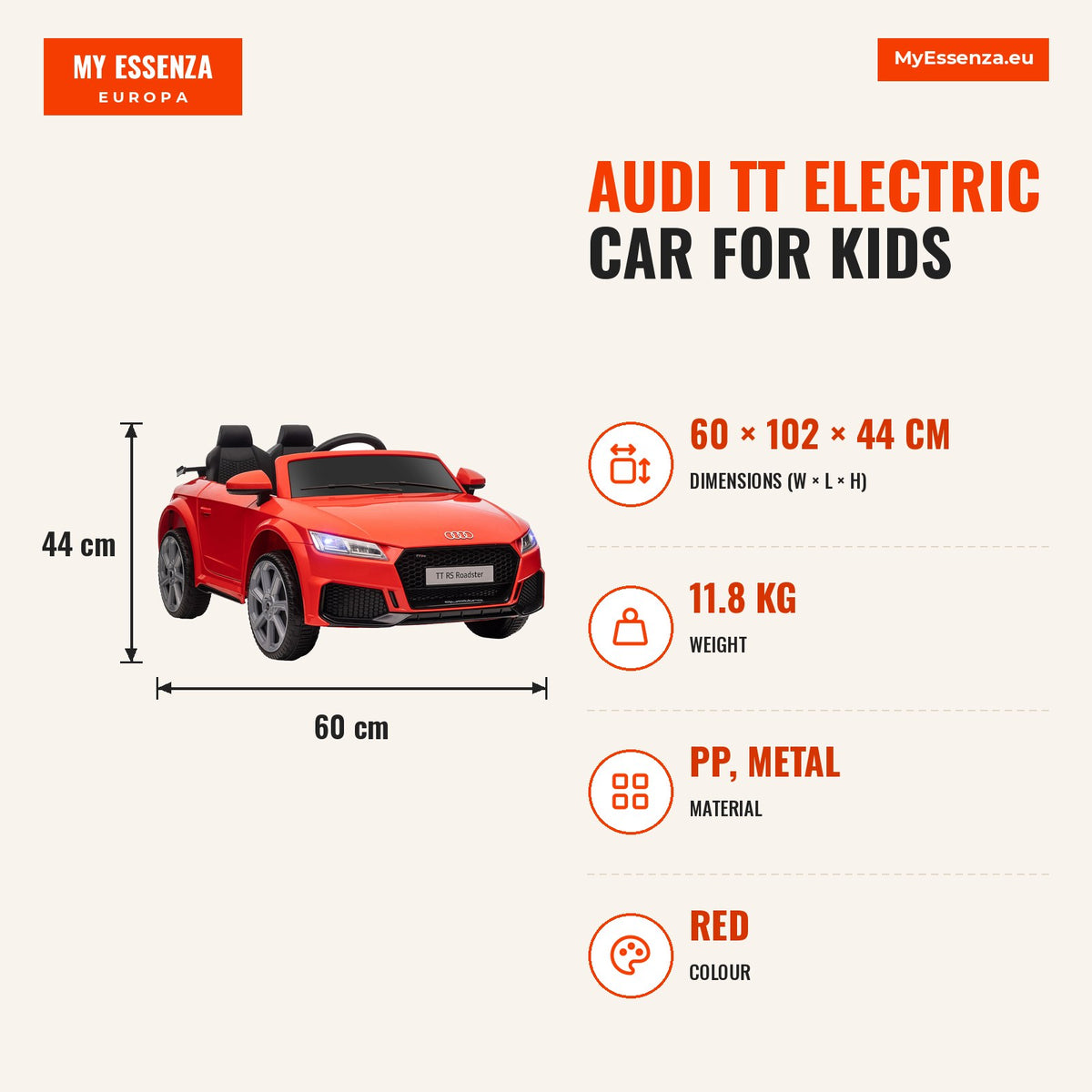 Carro Elétrico Audi TT para Crianças acima de 3 Anos com Controlo Remoto Música e Luzes Bateria 12V Abertura da Porta 102x60x44 cm Vermelho — Infografia | Infographic — dimensions