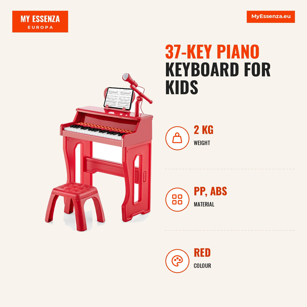 Piano Teclado 37 Teclas para Crianças +3 Anos com Microfone Ajustável e Atril — Infografia | Infographic — dimensions