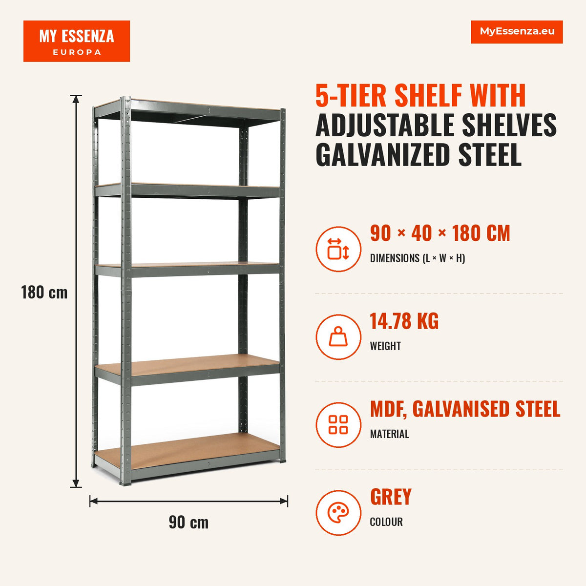 Estante 5 Níveis Repisas Reguláveis Aço Galvanizado 90x40x180cm — Infografia | Infographic — dimensions