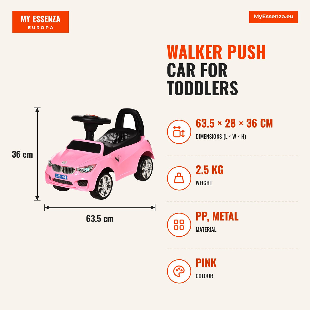 Carro Andador para Crianças de 18-36 Meses com Faróis Música Buzina Volante Compartimento de Armazenamento e Alça para Empurrar 63,5x28x36 Rosa — Infografia | Infographic — dimensions