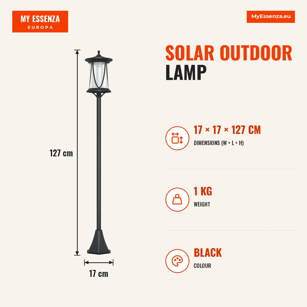 Candeeiro Solar Candeeiro de Exterior com Painel Solar Ligar e Desligar Automático Impermeável IP44 para Varanda Pátio 17x17x127 cm Preto — Infografia | Infographic — dimensions