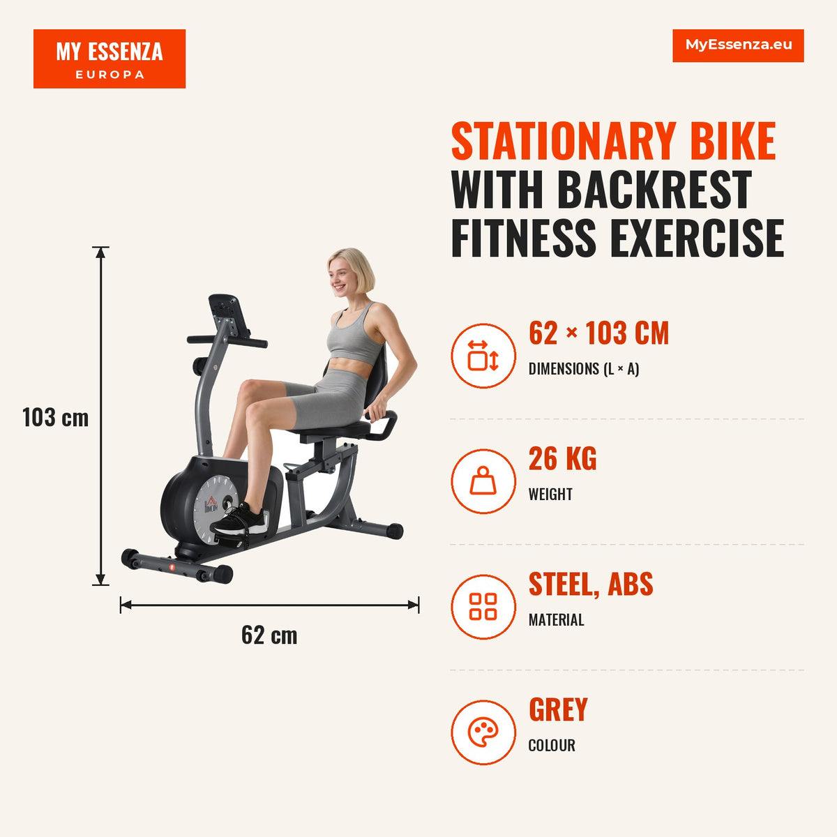Bicicleta Estática com Encosto Bicicleta de Exercícios Fitness com 8 Níveis de Resistência Magnética Comprimento Ajustável Ecrã LCD para Casa Escritór — Infografia | Infographic — dimensions