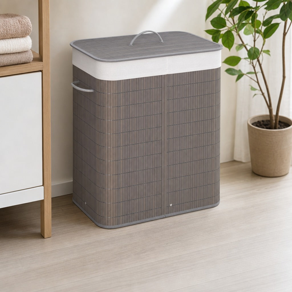 Cesto para Roupa Suja de Bambú Capacidade de 100L Cesta para Roupa Suja Retangular com Tampa Removível Bolsa com 2 Compartimentos 52x32x63 cm Cinza — Ambiente | Lifestyle