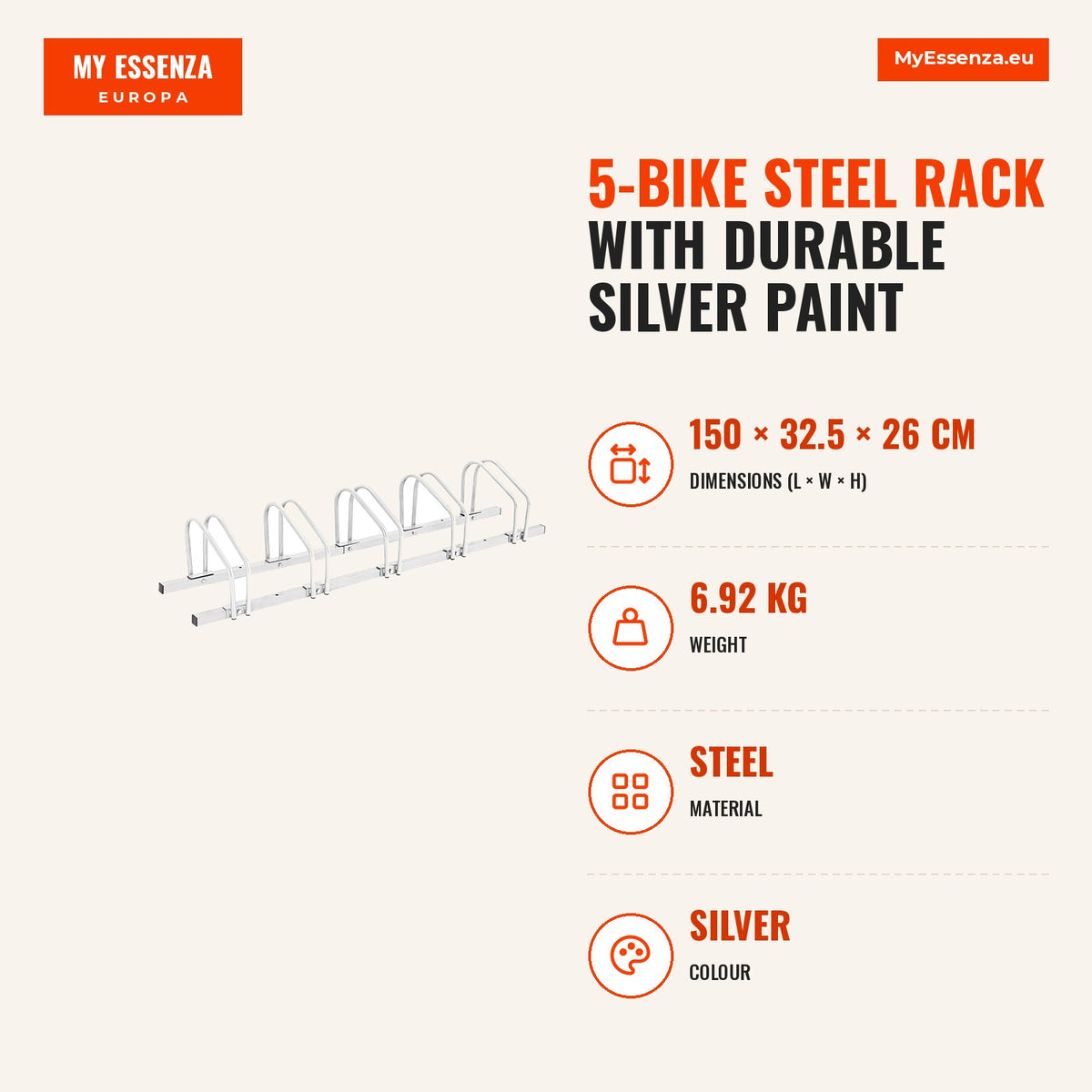 Aparcamento para 5 bicicletas em aço com pintura resistente prata — Infografia | Infographic — dimensions