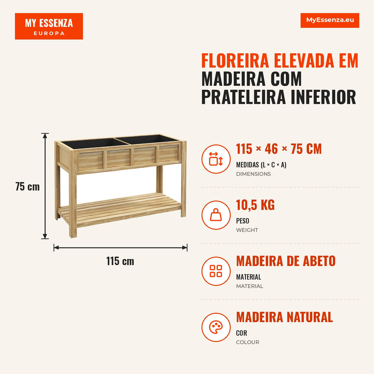 Floreira Elevada em Madeira com Prateleira Inferior Divisor Orifícios de Drenagem 115x46x75 cm Madeira — infografia 1