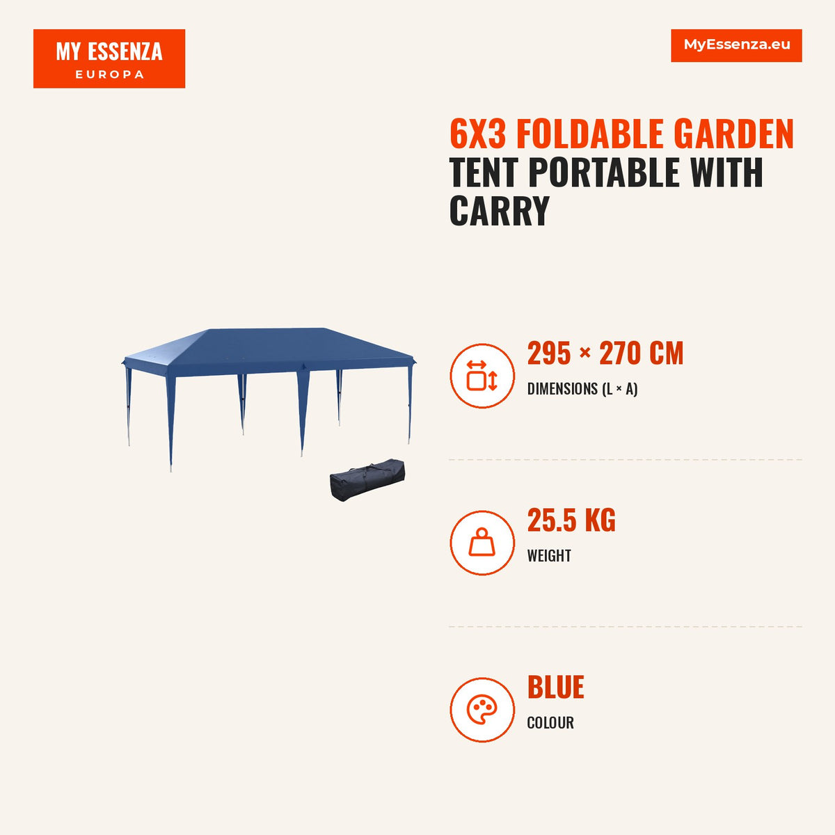 Tenda Dobrável 6x3 Tenda de Jardim Portátil com Bolsa de Transporte Tecido Oxford Estrutura de Aço para Exterior Festas Acampamento Azul — Infografia | Infographic — dimensions
