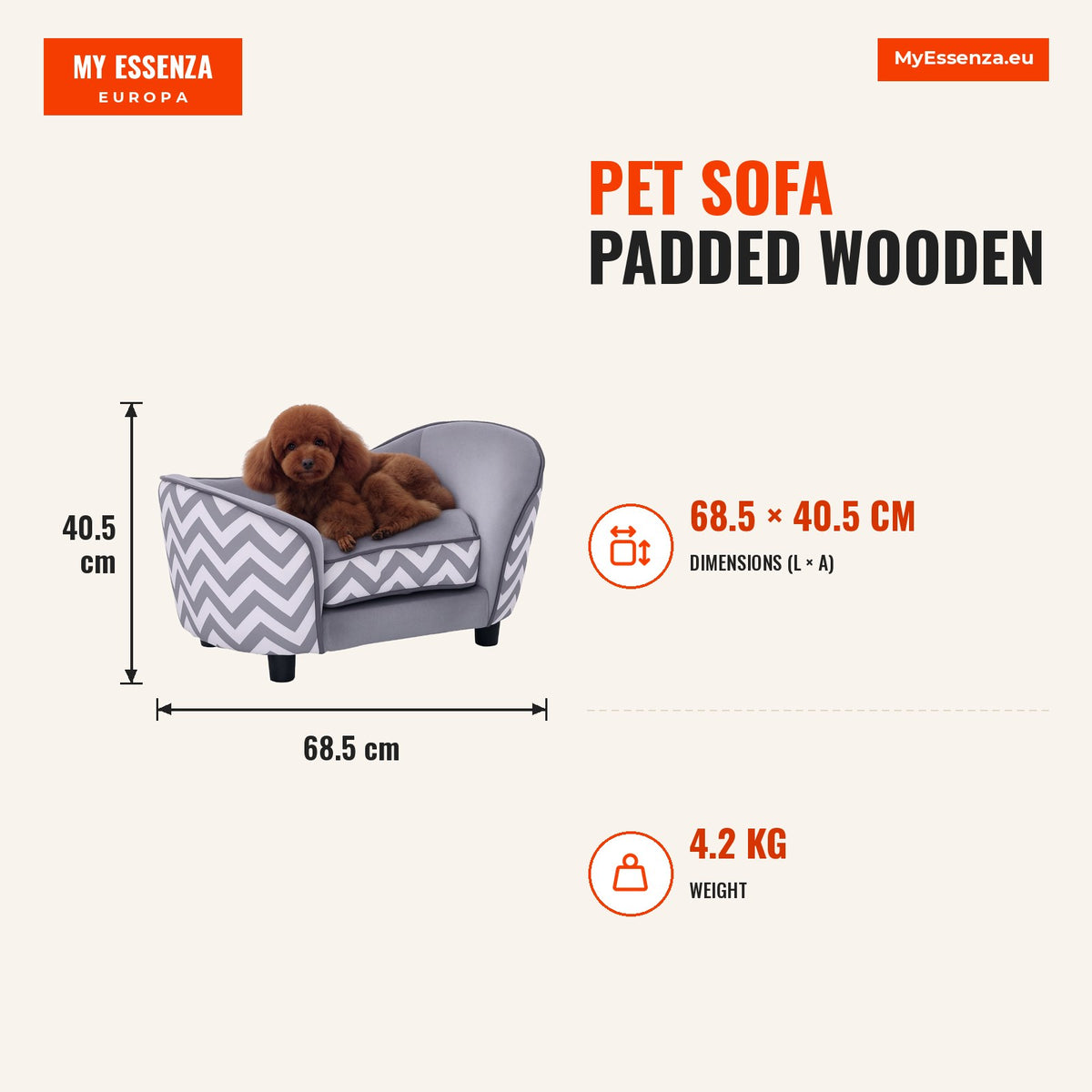 Sofá para animais de estimação Sofá acolchoado de madeira para cães e gatos com almofadas grossas e bolso de armazenamento 68,5x40,5x40,5 cm cinza — Infografia | Infographic — dimensions