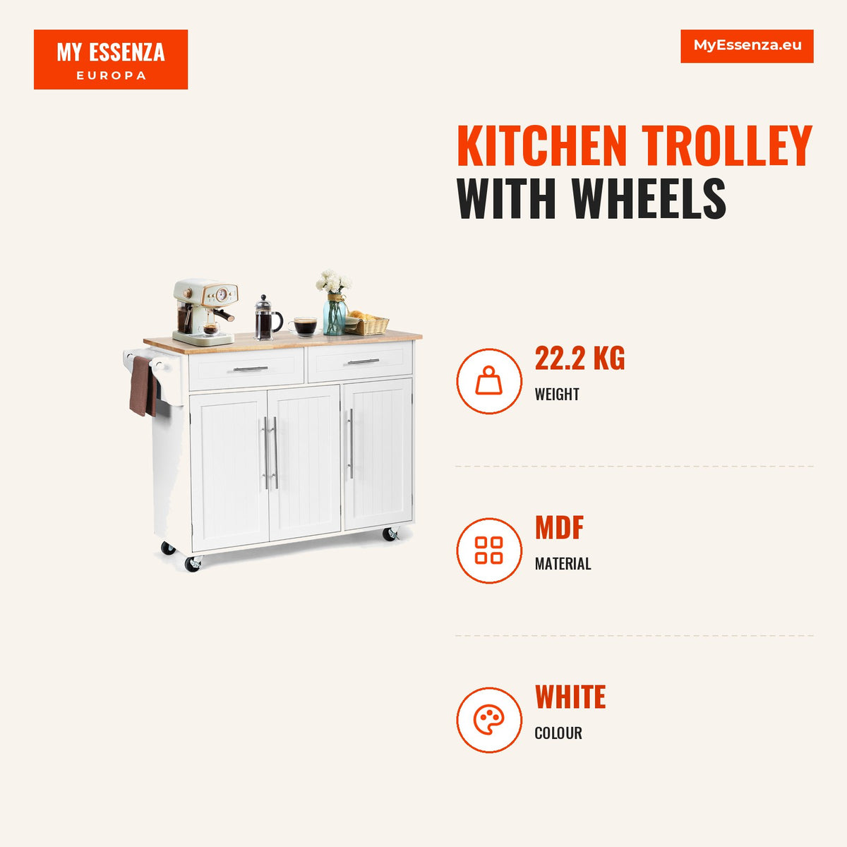 Carrinho de Cozinha com Rodas 2 Gavetas 2 Armários Ilha Móvel Porta Toalhas Cuchillos — Infografia | Infographic — dimensions