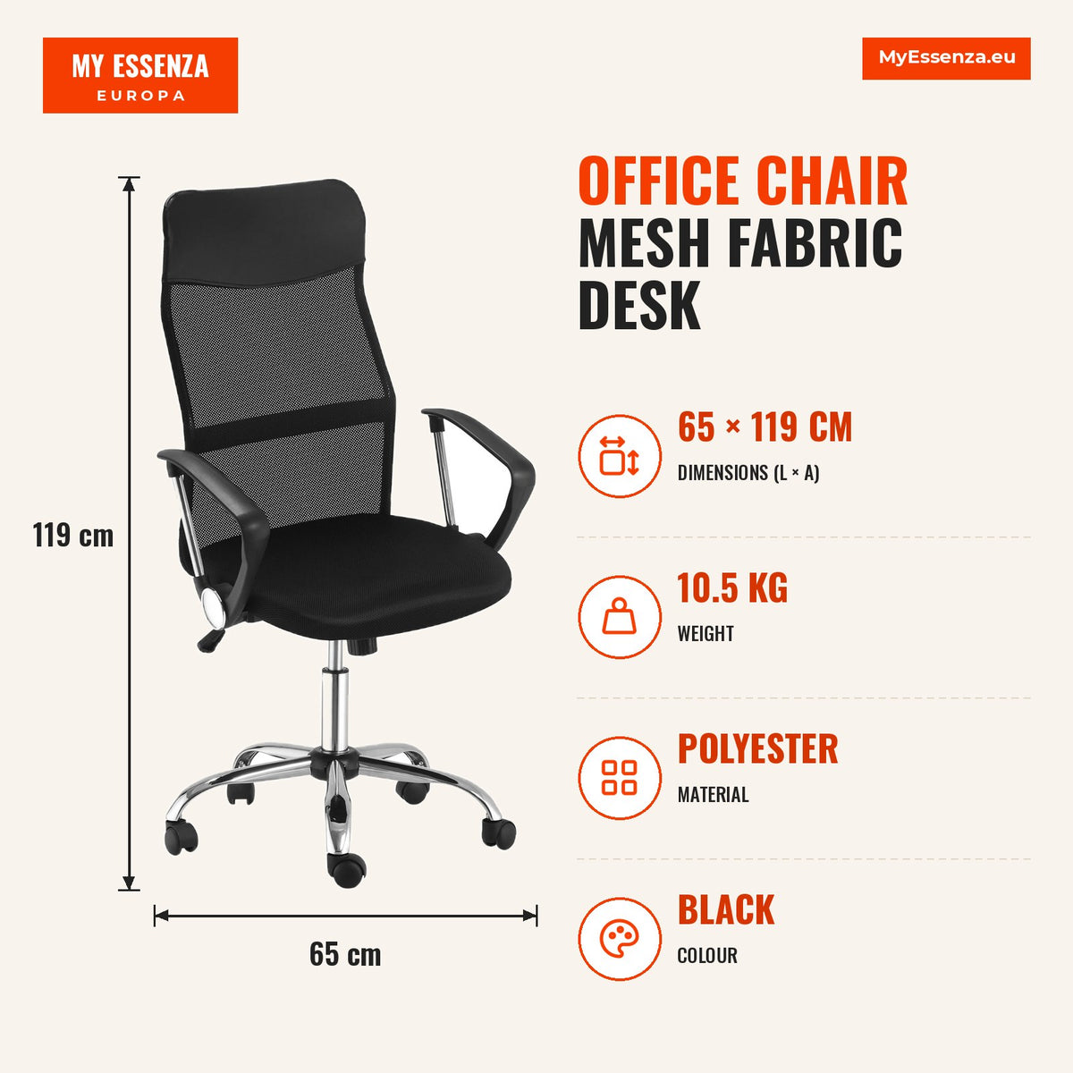 Cadeira de Escritório Cadeira de Secretária de Tecido de Malha Encosto para a Cabeça de PU Mecanismo de Inclinação de Encosto Alto Carga de 120 kg Pre — Infografia | Infographic — dimensions