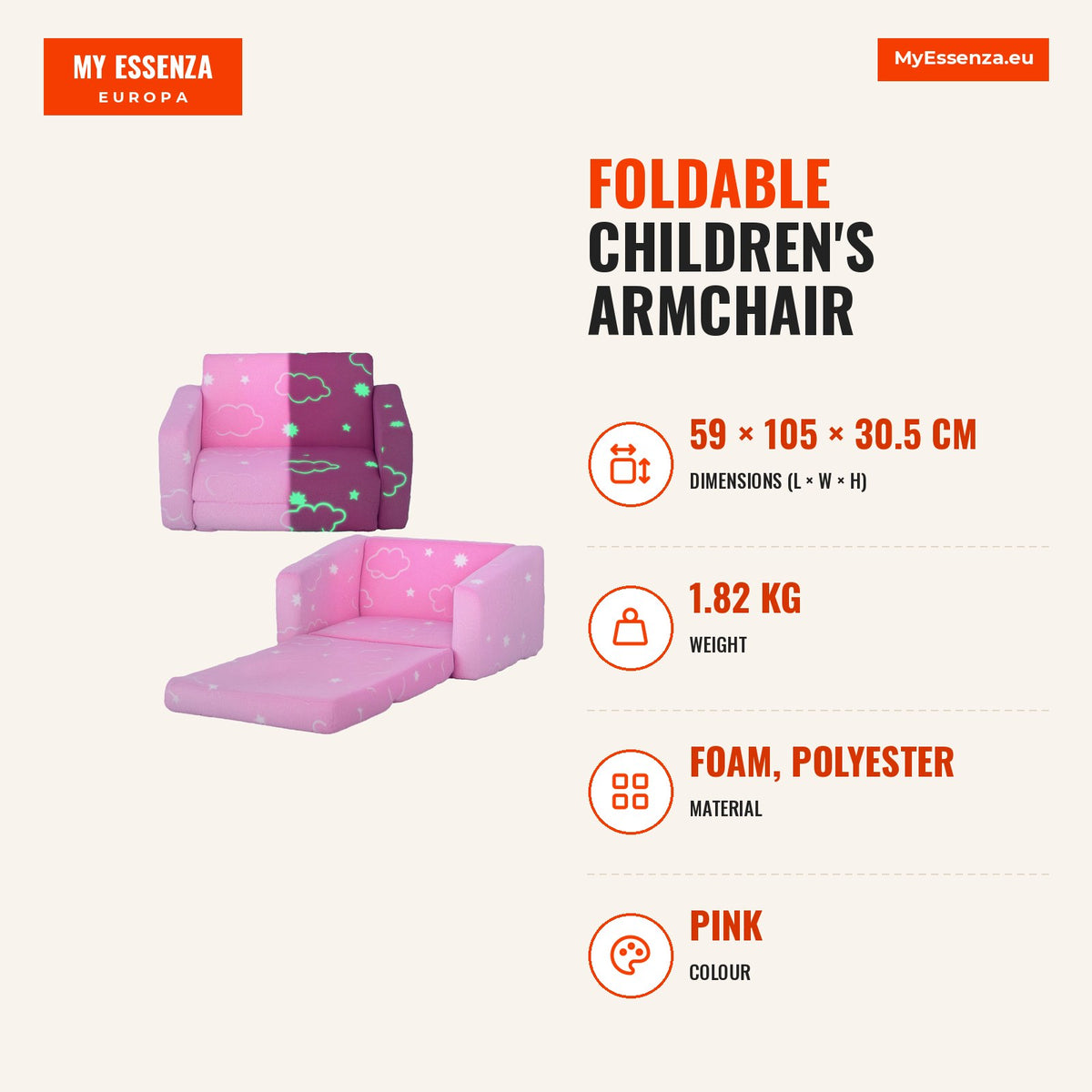 Poltrona para Crianças Dobrável Sofá Infantil Reclinável 2 em 1 Sofá para Crianças Estofado em Tecido Luminoso com Desenho de Nunes e Capa Lavável par — Infografia | Infographic — dimensions