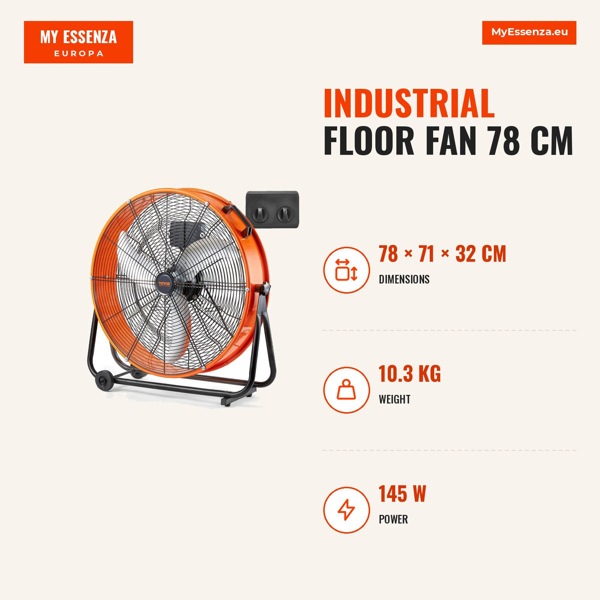 Ventoinha industrial de chão 78 cm, 145 W, 3 velocidades, 360° ajustável — Infografia | Infographic — dimensions