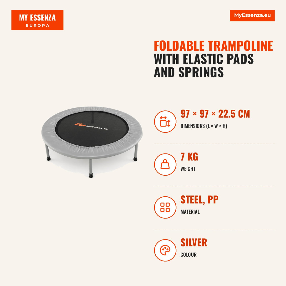 Cama Elástica Dobrável com Almofadas Elásticas e Molas para Exercício 97 x 97 x 22,5 cm – Prateado — Infografia | Infographic — dimensions