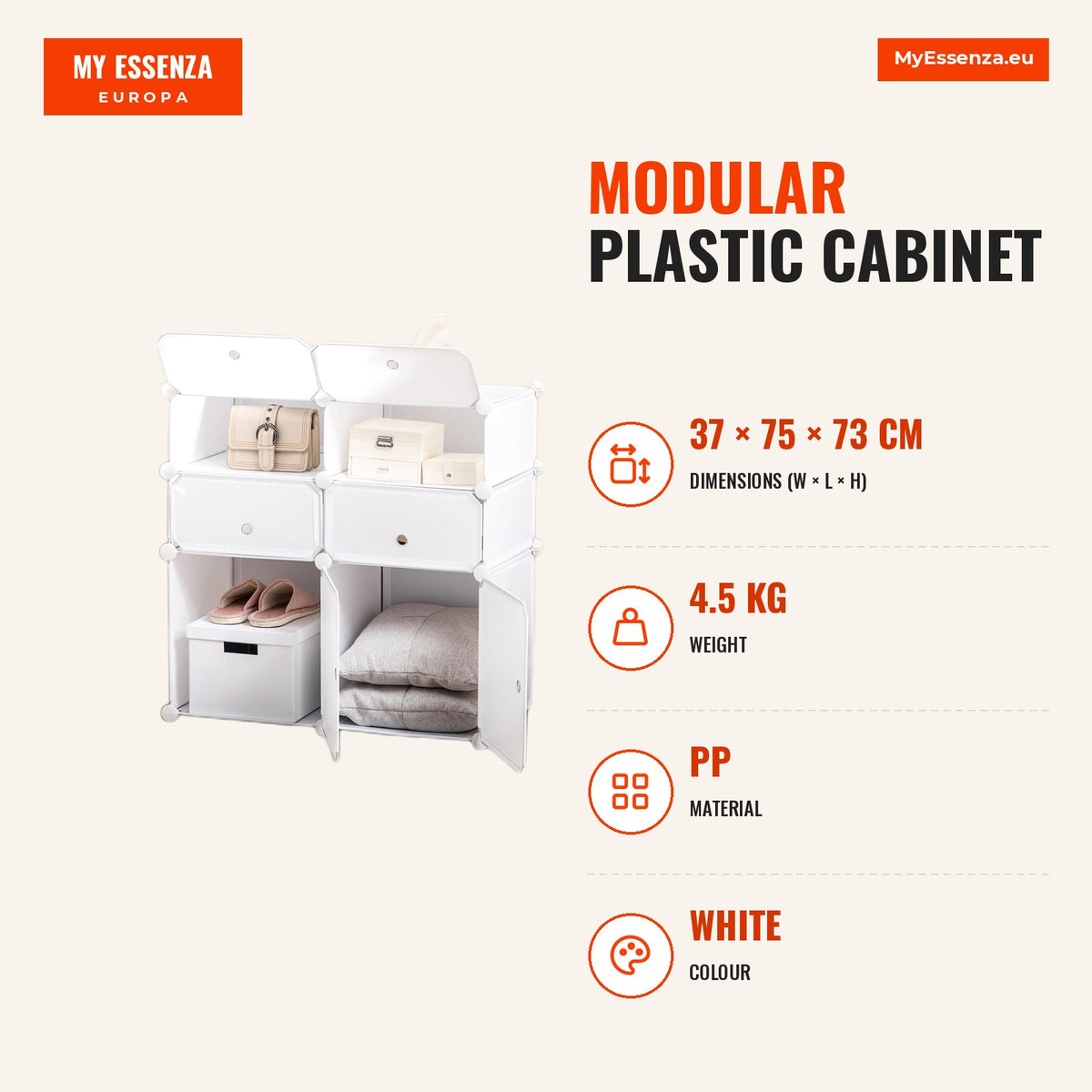 Armário Modular de Plástico Armário Modular com 6 Cubos Organizador de Roupas Sapatos Brinquedos 75x37x73cm Branco — Infografia | Infographic — dimensions