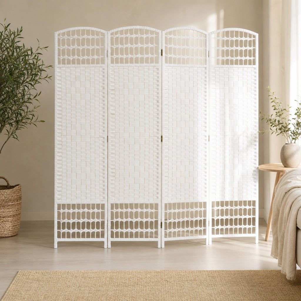 Biombo Dobrável de 4 Painéis, 160x170 cm, Separador de Ambientes em Corda de Papel, Estrutura de Madeira, Decoração para Quarto e Sala, Branco — Ambiente | Lifestyle