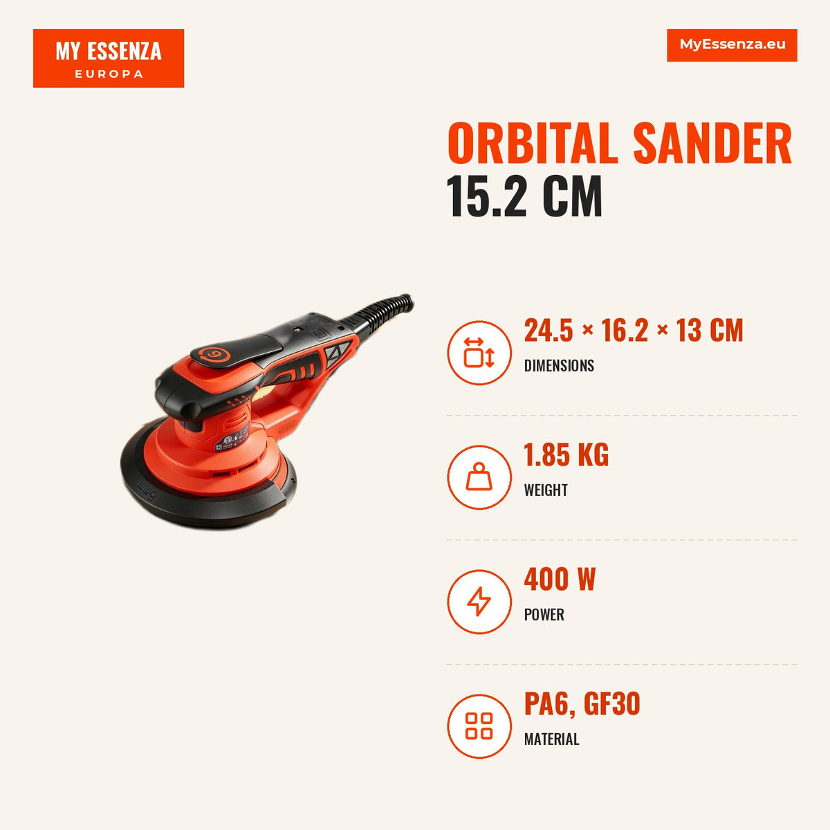 Lixadora orbital 15,2 cm, 400 W, 7 velocidades, recolha de pó — Infografia | Infographic — dimensions
