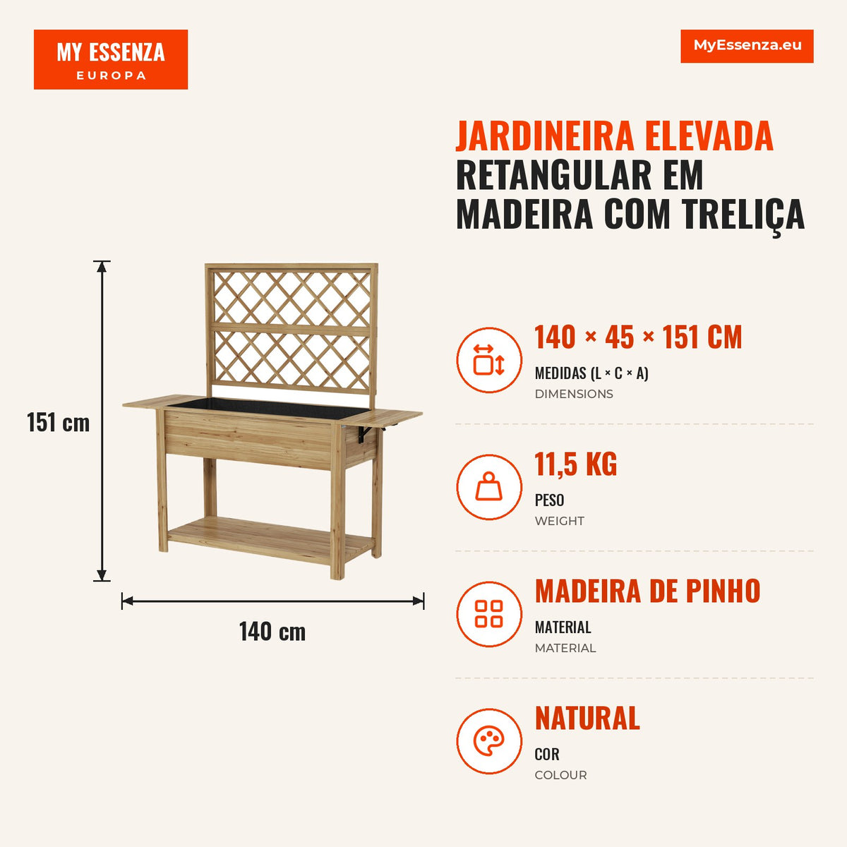 Jardineira Elevada Retangular em Madeira com Treliça e Prateleiras — infografia 1