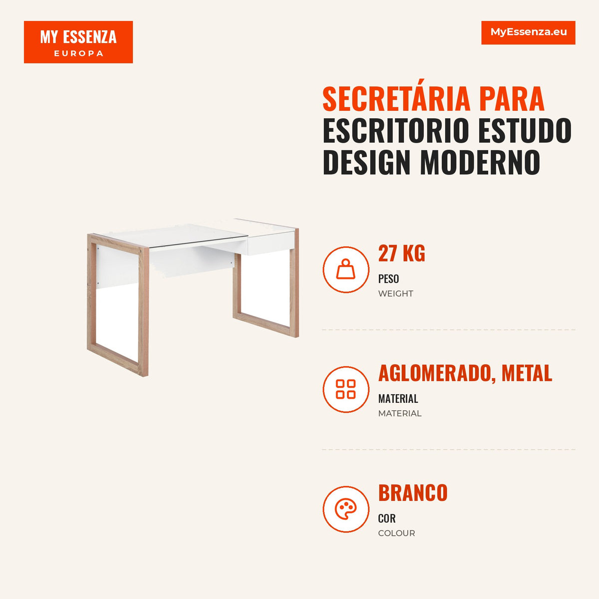 Secretária para escritorio estudo Design moderno com tampo de vidro temperado Gaveta Combinação de estilos 120x60x75 cm branco — Infografia — medidas