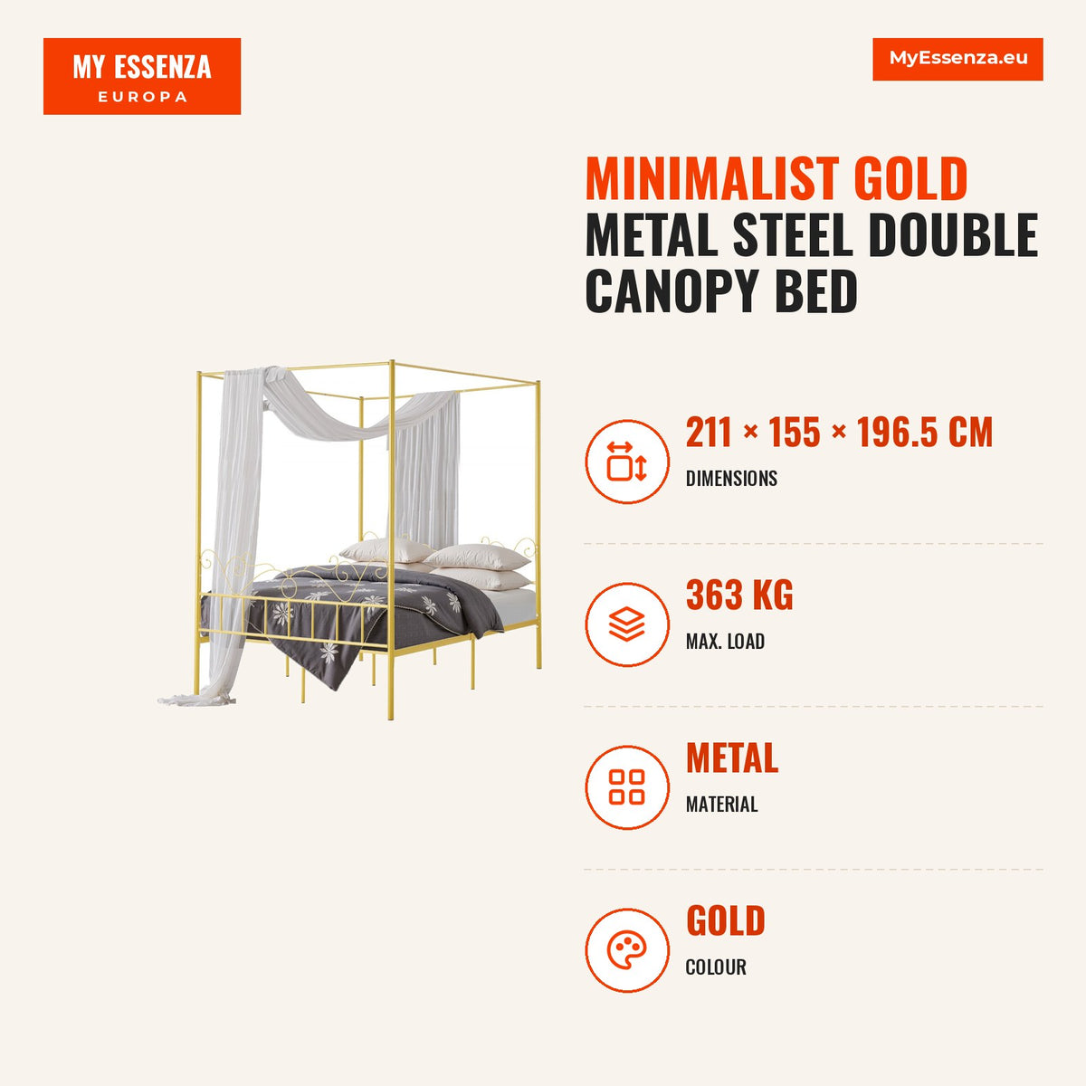 Cama Dossel Casal Metal Aço Minimalista Ouro — Infografia | Infographic — dimensions