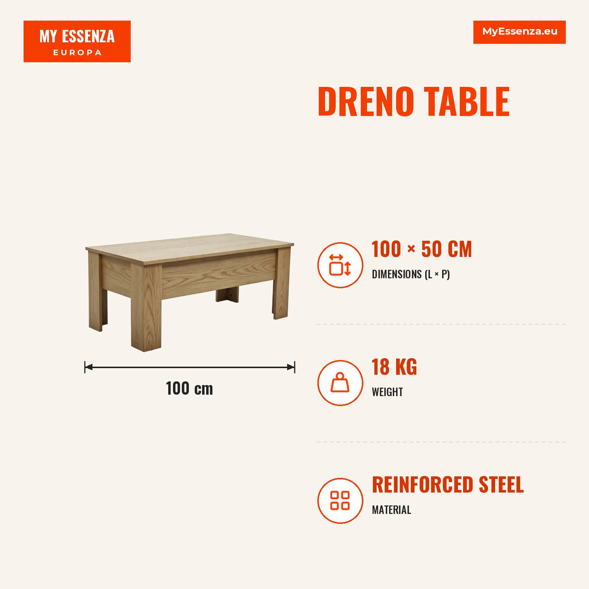 Mesa Dreno — Madeira clara — Infografia | Infographic — dimensions