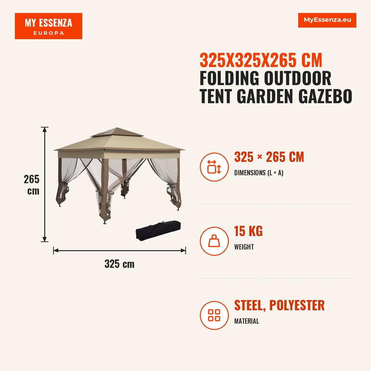 Tenda Dobrável Exterior 325x325x265 cm Tenda de Jardim com Teto Duplo Rede Mosquiteira Amovível e Bolsa de Transporte para Jardim Pátio Cáqui e Marrom — Infografia | Infographic — dimensions