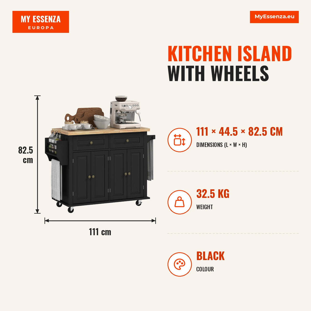 Ilha de Cozinha com Rodas Móvel Auxiliar de Cozinha com 2 Gavetas 4 Portas Suporte para Temperos e Barra Lateral 111x44,5x82,5 cm Preto e Madeira — Infografia | Infographic — dimensions