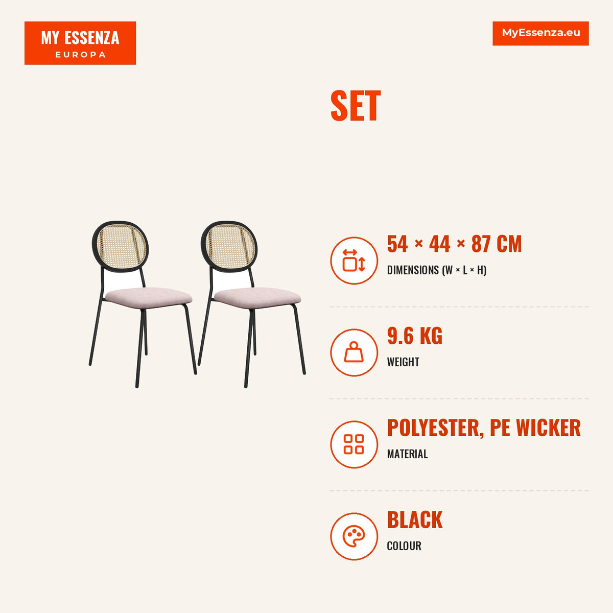 Conjunto de 2 Cadeiras de Sala de Jantar Cadeiras de Cozinha com Encosto em Vime Sintético e Estrutura de Aço para Sala de Jantar 44x54x87 cm Rosa e P — Infografia | Infographic — dimensions