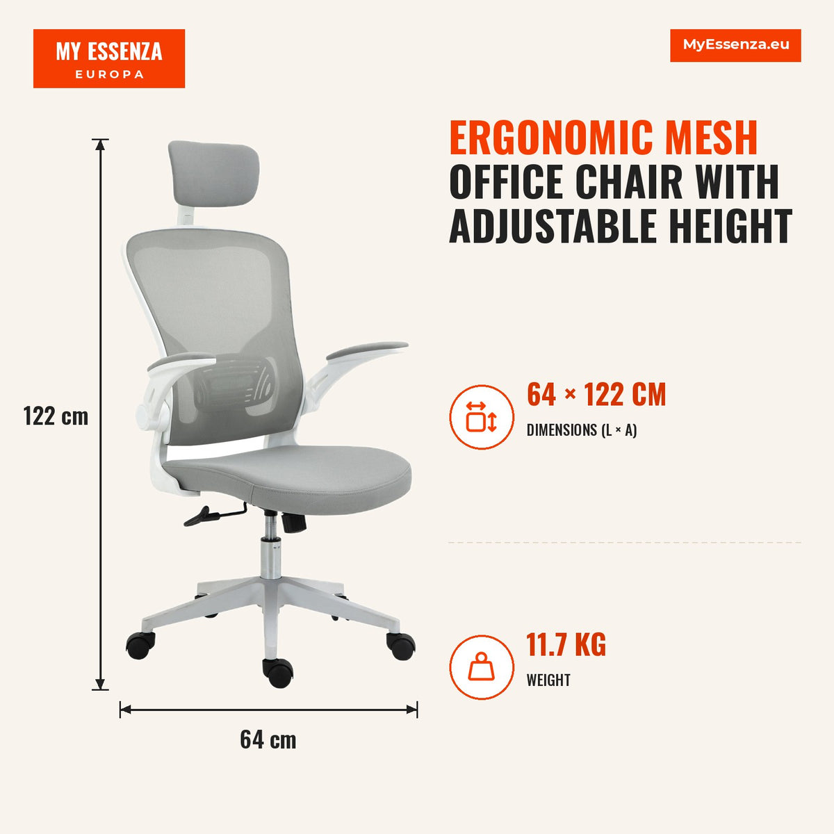 Cadeira de Escritório de Malha Ergonómica Cadeira de Escritório com Altura Ajustável Apoio para os Braços Dobrável Apoio para a Cabeça e Suporte Lomba — Infografia | Infographic — dimensions