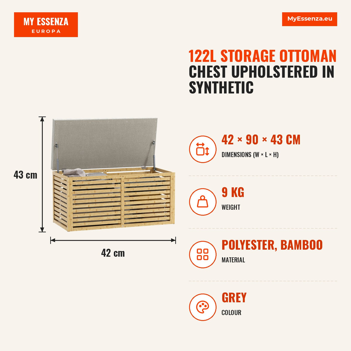 Baú de Arrumação para Dormitório 122L Banco de Arrumação Estofado em Linho Sintético com Almofada Estrutura de Bambu para Entrada Sala 90x42x43 cm Cin — Infografia | Infographic — dimensions