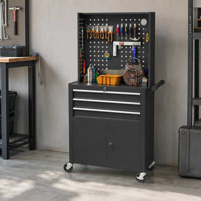 Tool Cart with 3 Drawers and Pegboard Panel