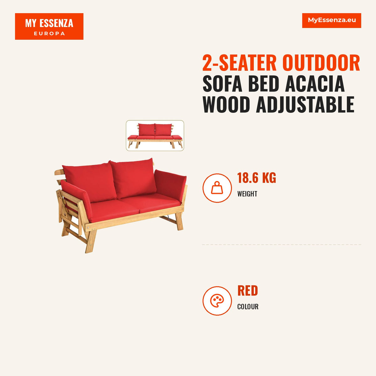 Sofá Cama Conversível Exterior Madeira Acácia 2 Lugares Braços Ajustáveis Almofadas Vermelhas 198x75cm — Infografia | Infographic — dimensions