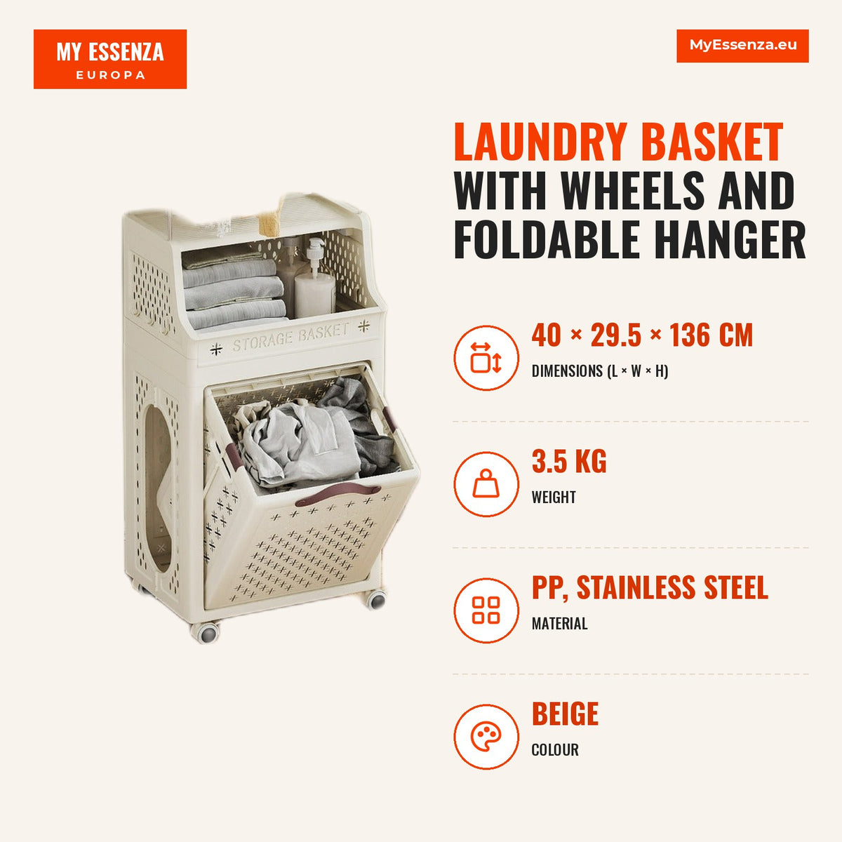 Cesto de Roupa Sucia com Rodas e Cabideiro Plegável Beige — Infografia | Infographic — dimensions