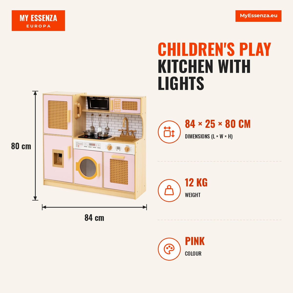 Cozinha de Brincar para Crianças com Luzes, Sons e Acessórios Rosa — Infografia | Infographic — dimensions
